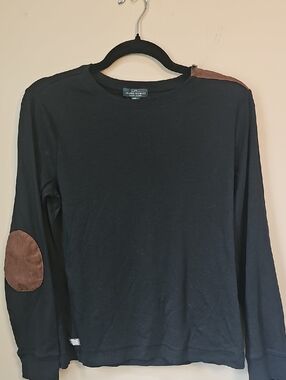 VTG Lauren Ralph Lauren Black Long-Sleeve Crew w Brown Elbow & Shoulder Patches